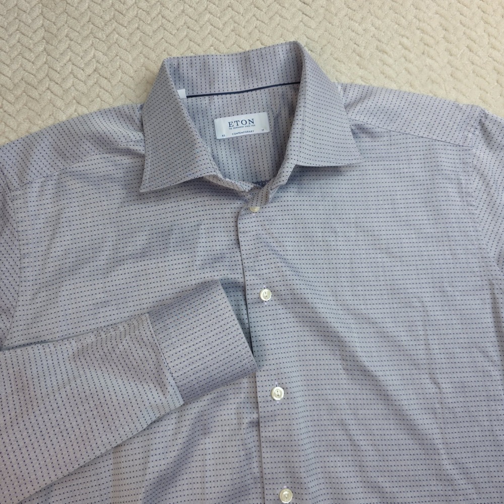 Eton Contemporary Fit Dress Shirt Blue White Micro Pattern Mens 17 43 L